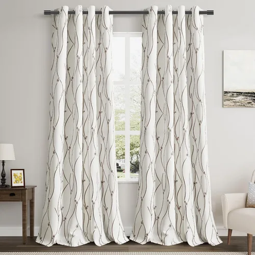 Vista 18 de Joywell Cortinas jacquard con ojales para sala de estar, 108 pulgadas de largo, línea ondulada negra con patrón de puntos, cortinas bordadas