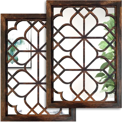 Vista 10 de Wocred Juego de 2 Espejos Rectangulares de Pared, Hermoso Espejo de Acento Rústico de Granja, Espejo de Entrada Color Madera de Granero
