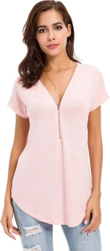 Vista 3 de Lusmay - Camisa de manga corta, con cierre zipper y cuello en V profundo, informal, ajuste holgado, para mujer