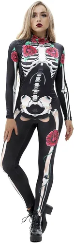 Vista 8 de Disfraz de esqueleto de calavera para Halloween para mujer, overol elástico y ajustado Skull Skeleton Costume Jumpsuits Stretch Skinny Catsuit