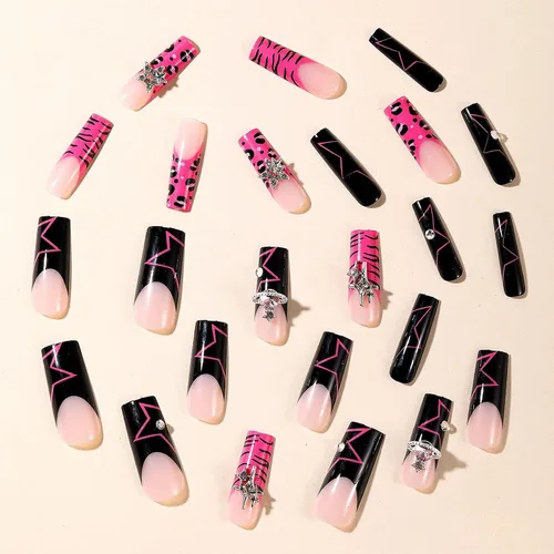 Vista 3 de MISUD Uñas a presión – Uñas cuadradas largas con pegamento rosa y negro, acrílico Y2K diseño de dijes de 24 piezas