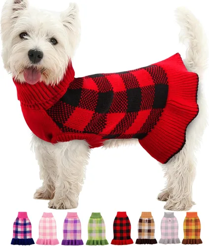 Vista 10 de Vestido suéter para perro, ropa de punto a cuadros para perros pequeños y medianos, cálido pullover de cuello alto elástico para cachorro y mascota