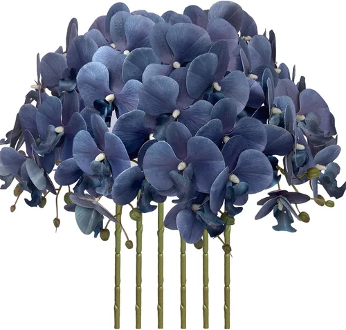 Vista 12 de FagusHome Flores de Phalaenopsis Artificiales de 32 Pulgadas 6 Piezas Tallos de Flores de Orquídeas Artificiales para Decoración del Hogar (Azul)