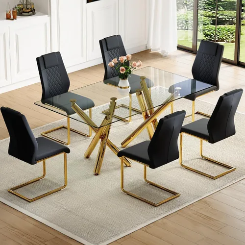 Vista 19 de Juego de mesa de comedor de cristal para 6, 71 pulgadas juego de mesa de comedor moderno para 6 7 Piece Dining Table Set, 6 White Dining Chairs