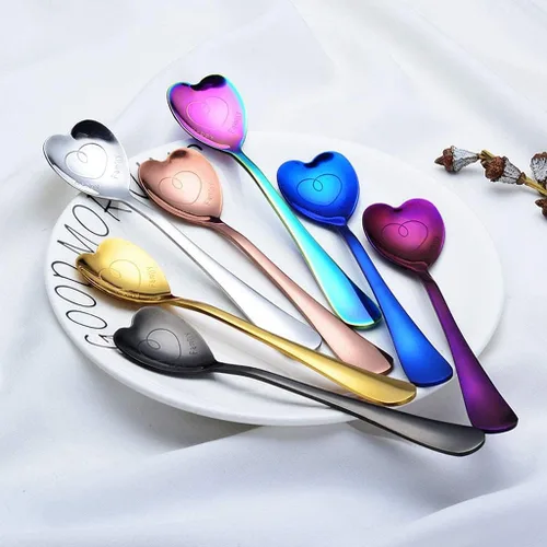 Vista 9 de Juego de 7 cucharas en forma de corazón de acero inoxidable, incluye café, postre, helado, té y cucharas de amor, perfecto y lindo (morado)