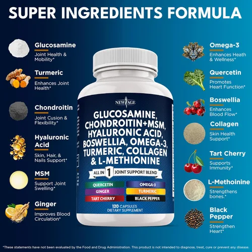 Vista 2 de Condroitina de glucosamina, MSM, curcumina de cúrcuma, colágeno, ácido hialurónico, Omega 3 – Suplemento de salud articular para hombres y mujeres