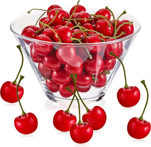 Vista 8 de Skylety 30 piezas de cerezas falsas artificiales de cerezas, decoraciones de fiesta de cereza de simulación para decoración de pasteles, hogar Rojo