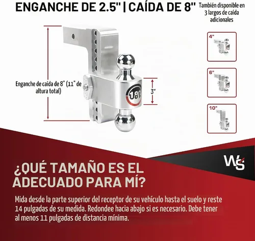 Vista 5 de Weigh Safe Soporte de bola de enganche de remolque ajustable, enganche de caída ajustable de 8 pulgadas para receptor de 2.5 pulgadas con juego de 4