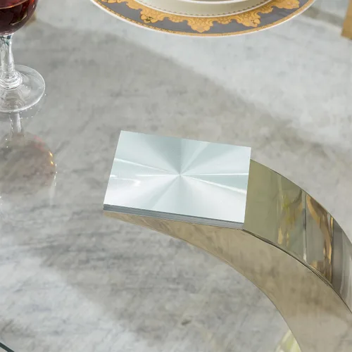 Vista 9 de SSLine Mesa de comedor de cristal dorado de 70 pulgadas para 4-6, base de Mesa de oro floral