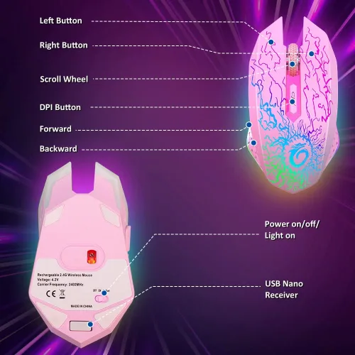 Vista 6 de VersionTECH. Ratón inalámbrico para juegos, mouse de computadora recargable con 7 luces LED, 6 botones programables, receptor nano USB de 2.4 G, 3
