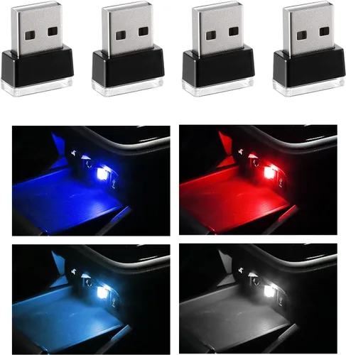 Vista 10 de 4 PCS Lámpara de Atmósfera Interior de Coche LED USB, Mini Luz Nocturna LED Portátil, Kit de Iluminación Ambiental de Maletero con Interfaz USB