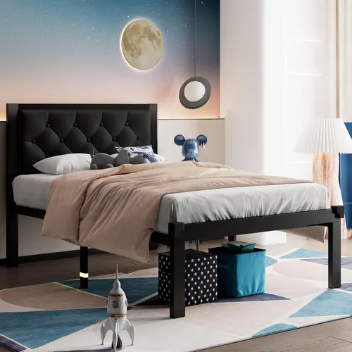 Vista 3 de Feonase Marco de cama de metal tamaño doble con cabecera capitoné de cuero sintético con botones, marco de cama tipo plataforma resistente