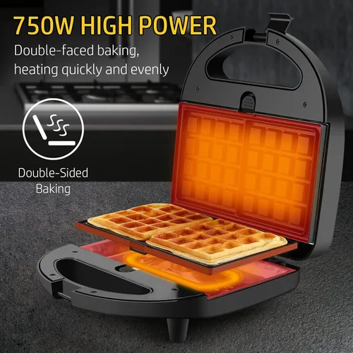 Vista 2 de OSTBA Máquina de gofres 3 en 1 con platos extraíbles, sandwichera