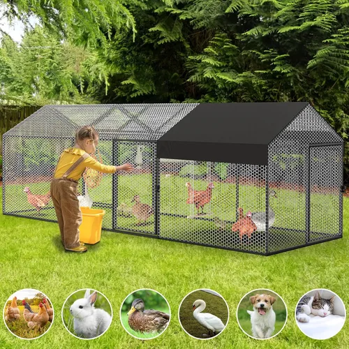 Vista 7 de Gallinero de metal para 8-12 pollos de 118 x 40 x 40 pulgadas, corrida grande para patio con cubierta, jaula portátil para aves de corral