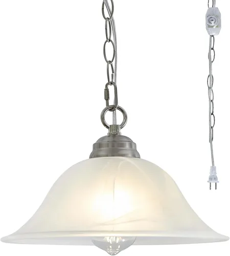 Vista 11 de Lámpara colgante enchufable con pantalla de vidrio de alabastro de 15.7" de diámetro, lámpara colgante con interruptor de encendido/apagado, cable