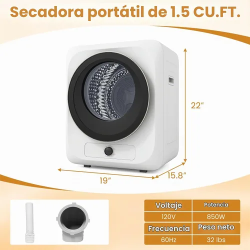 Vista 7 de Auertech - Secadora portátil de 1.5 pies cúbicos para lavandería, secadora compacta de ropa con tambor de acero inoxidable, secadora eléctrica