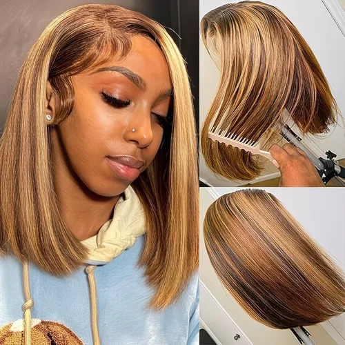 Vista 17 de Peluca de cabello humano lacio marrón con reflejos de 13 x 4, peluca frontal de encaje transparente #4, peluca corta Bob para mujeres negras