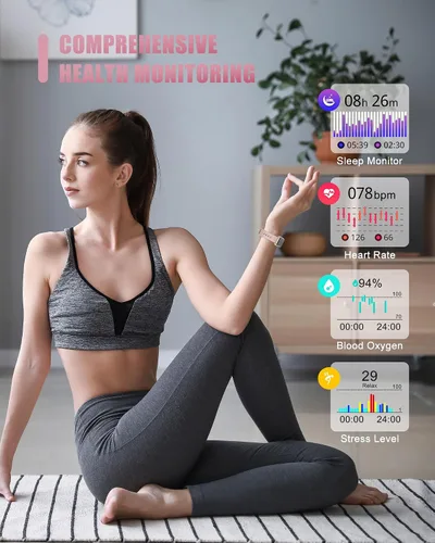 Vista 3 de Monitor de actividad física, reloj inteligente para mujeres y hombres con monitor de frecuencia cardíaca, presión arterial, oxígeno en sangre