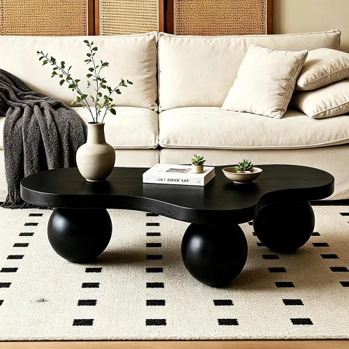 Vista 15 de WILLIAMSPACE Mesa de centro de nube de 39.7 pulgadas con chapa de madera Burl y 4 patas redondas, moderna mesa central de madera con patrón de nudo