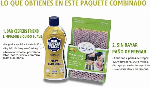Vista 2 de Conjunto limpiador para cocina Bar Keepers Friend, detergente líquido que no raya, CCBD1002, Soft Cleanser Liquid & Non Scratch Scourer, 2