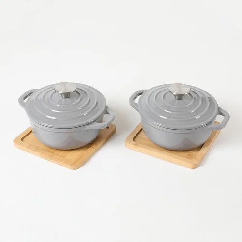 Vista 10 de HAWOK Mini horno holandés de hierro fundido, diámetro 5.51 pulgadas, 23 onzas, con bandeja de bambú, juego de 2, pre-sazonado