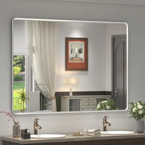 Vista 20 de Espejo rectangular con marco mate negro de 20x30 pulgadas para baño, espejo de tocador para pared de baño con esquinas redondeadas, antióxido y a