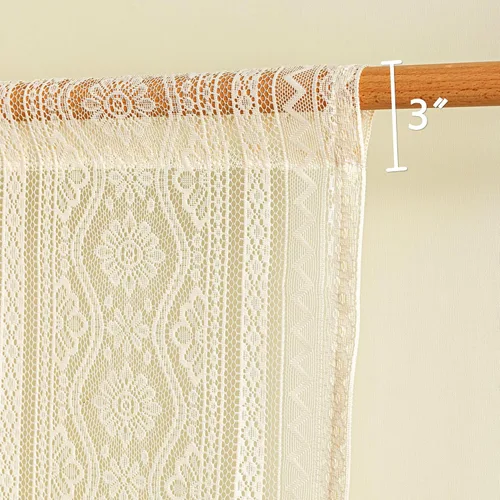 Vista 3 de MYSKY HOME Cortinas de encaje beige para puerta francesa de 40 pulgadas de largo, 2 paneles de cortinas florales bohemias transparentes para puerta