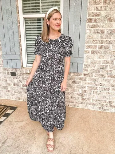 Vista 4 de GRECERELLE - Vestido de verano para mujer, informal, holgado, cuello redondo, bohemio, con volados, manga abombada y cintura alta, vestido de playa
