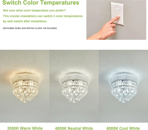 Vista 3 de Lámpara de Araña de Cristal de 3 Luces Empotrada en el Techo para Sala de Estar, Comedor, Dormitorio, Vestíbulo, Entrada, Pasillo, Armario, Baño