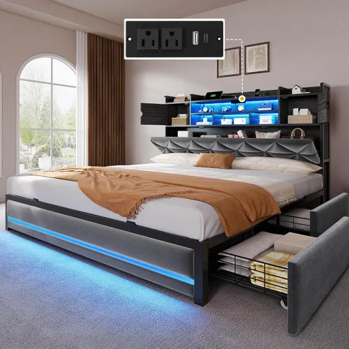 Vista 9 de DWVO Queen Size Bed Frame with RGB LED Lights & Storage Bookcase Headboard Upholstered Bed with Charging Station and 4 Drawers, No Box Spring