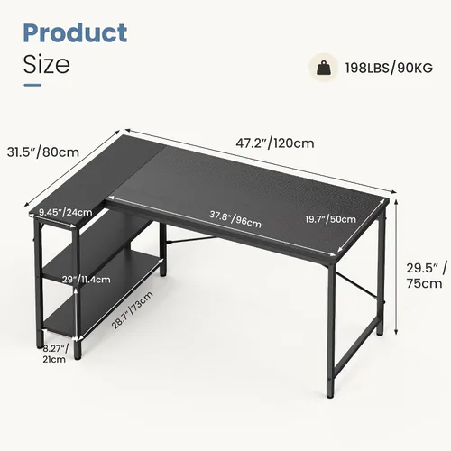 Vista 3 de DUMOS Escritorio esquinero para computadora en forma de L de 47 pulgadas, mesa de juegos para PC con estantes de almacenamiento reversibles, muebles