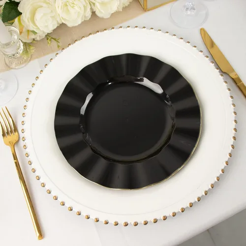 Vista 110 de Tableclothsfactory Paquete de 10 platos redondos de plástico negro de 6 pulgadas para ensalada de postre, platos desechables con borde ondulado
