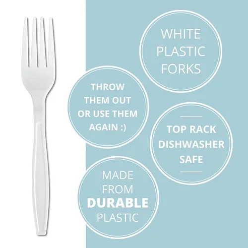 Vista 5 de Plasticpro Tenedores desechables de plástico blanco, utensilios pesados, paquete de 50