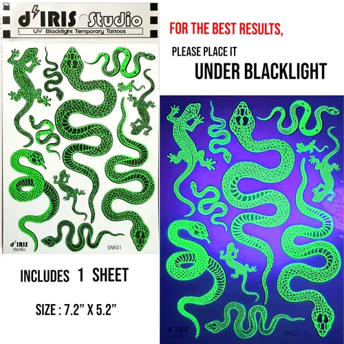 Vista 2 de Tatuajes temporales reactivos a los rayos UV – 1 hoja de diseño de serpiente, pintura corporal, accesorios de festival de luz negra, suministros