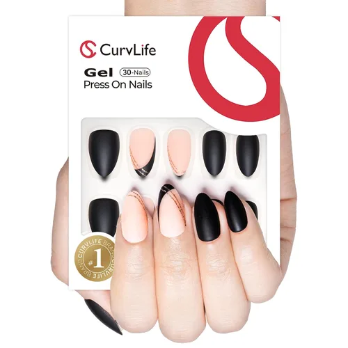 Vista 2 de Curvlife Uñas postizas a presión de almendra mediana, punta francesa negra dorada con pegamento, longitud media, color negro mate con borde de línea