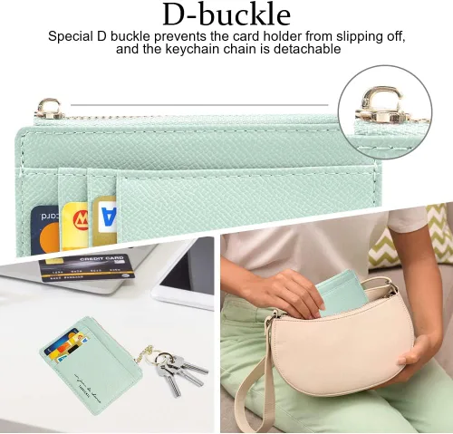 Vista 24 de URAQT Cartera para tarjetas de crédito, cartera minimalista de cuero delgado con cremallera, mini protector de tarjeta de crédito, llavero bolsillo