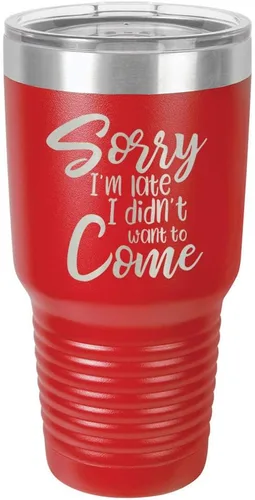 Vista 17 de Sorry I'M LATE I DIDN'T WANT TO COME Vaso negro de 30 onzas con popote y tapa superior deslizante Taza de viaje de acero inoxidable Comparar