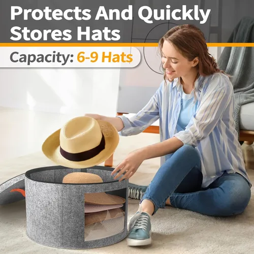 Vista 3 de kushon Caja redonda para sombreros de vaquero para 6-9 gorras, bolsa organizadora grande de fieltro para hombres y mujeres, con soporte, plegable