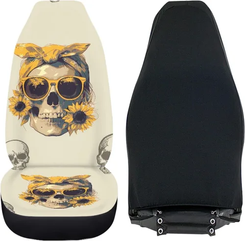 Vista 6 de Mumeson Fundas protectoras de asiento delantero de automóvil con estampado de calavera y girasol, fundas elásticas para asiento de automóvil, 2