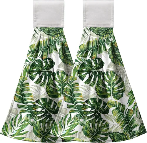 Vista 16 de Juego de 2 toallas de cocina colgantes de hojas tropicales de verano, color verde, hojas de palmera, con bucles para colgar, suaves y absorbentes