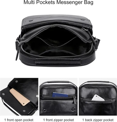 Vista 6 de PIJUSHI Bolso cruzado de cuero genuino para hombre pequeño bolso de mensajero con múltiples bolsillos