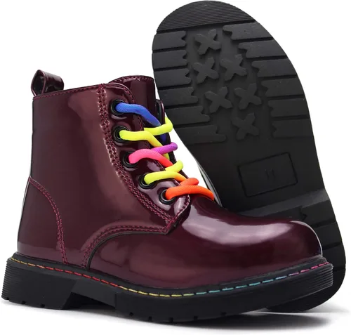 Vista 4 de Hawkwell Botas de trabajo de combate de patente para niñas y niños con cremallera lateral (niños pequeñosniños grandesjóvenes), 0 Toddler