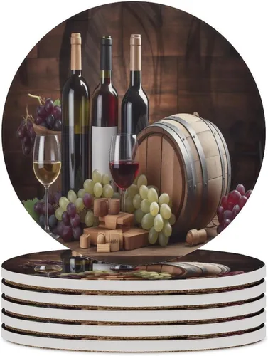 Vista 39 de 4 posavasos de vino tinto, cuadrados y modernos posavasos absorbentes de cerámica, estilo de pintura al óleo, vintage, vino tinto, uvas, rosa
