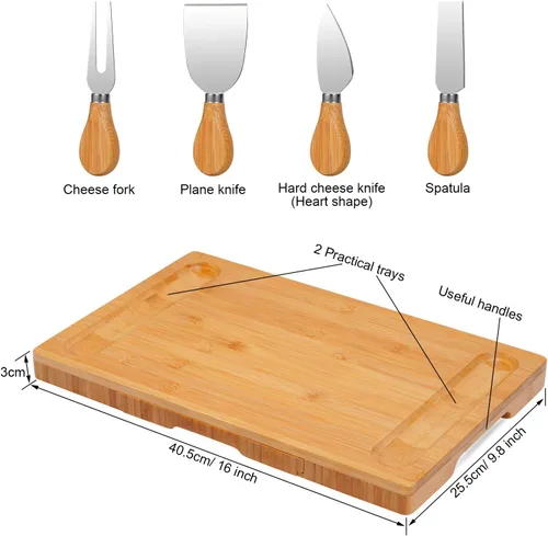 Vista 3 de Tabla de queso de bambú con juego de utensilios y 4 cuchillos de corte de acero inoxidable para galletas y bandeja para servir carne