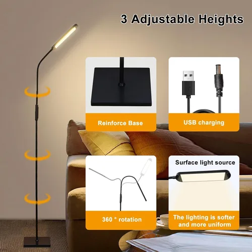 Vista 6 de Lámpara de pie LED para sala de estar, luz LED de pie moderna, lámpara de pie alta ajustable para lectura de dormitorio, oficina, lámpara de pie