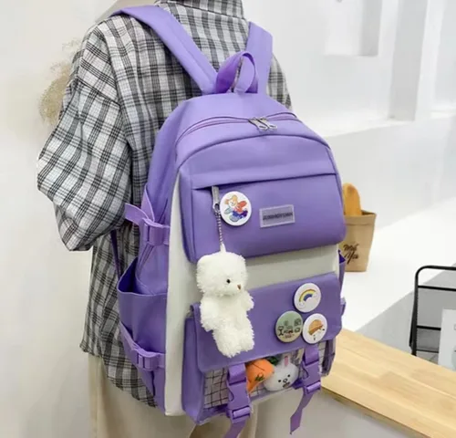 Vista 7 de Juego de mochila Kawaii de 5 piezas, bonita mochila escolar estética, suministros juveniles, conjunto de mochila y accesorios, Mochila púrpura 1