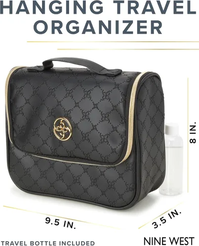 Vista 2 de NINE WEST Bolsa de maquillaje negra Organizador de cosméticos Esenciales de viaje Gancho colgante Patrón de celosía de cuero sintético ribete dorado