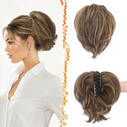 Vista 8 de BARSDAR Extensión de cabello humano corto con clip de garra con metales flexibles, cabello humano real de 8 pulgadas, extensiones de moño