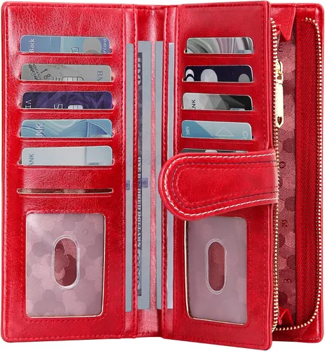 Vista 2 de VOCUS Cartera de cuero para mujer, billetera larga plegable de gran capacidad, tarjetero para tarjetas de crédito con cremallera para damas.., Rojo