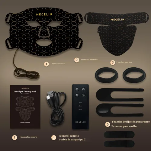 Vista 8 de MEGELIN Máscara facial y cuello de terapia de luz roja, máscara facial de terapia de luz LED de 7 colores, máscara de terapia de luz roja Negro